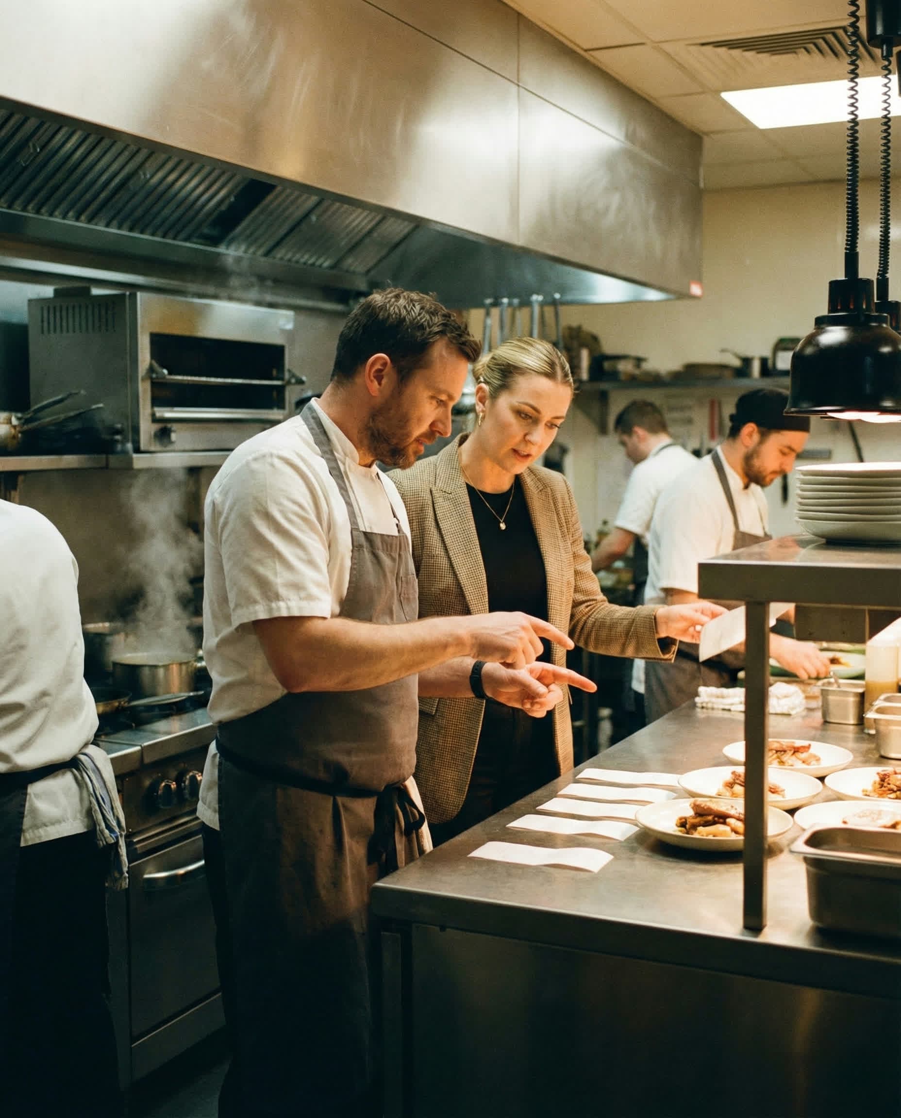 Chef and operations lead coordinating kitchen workflow