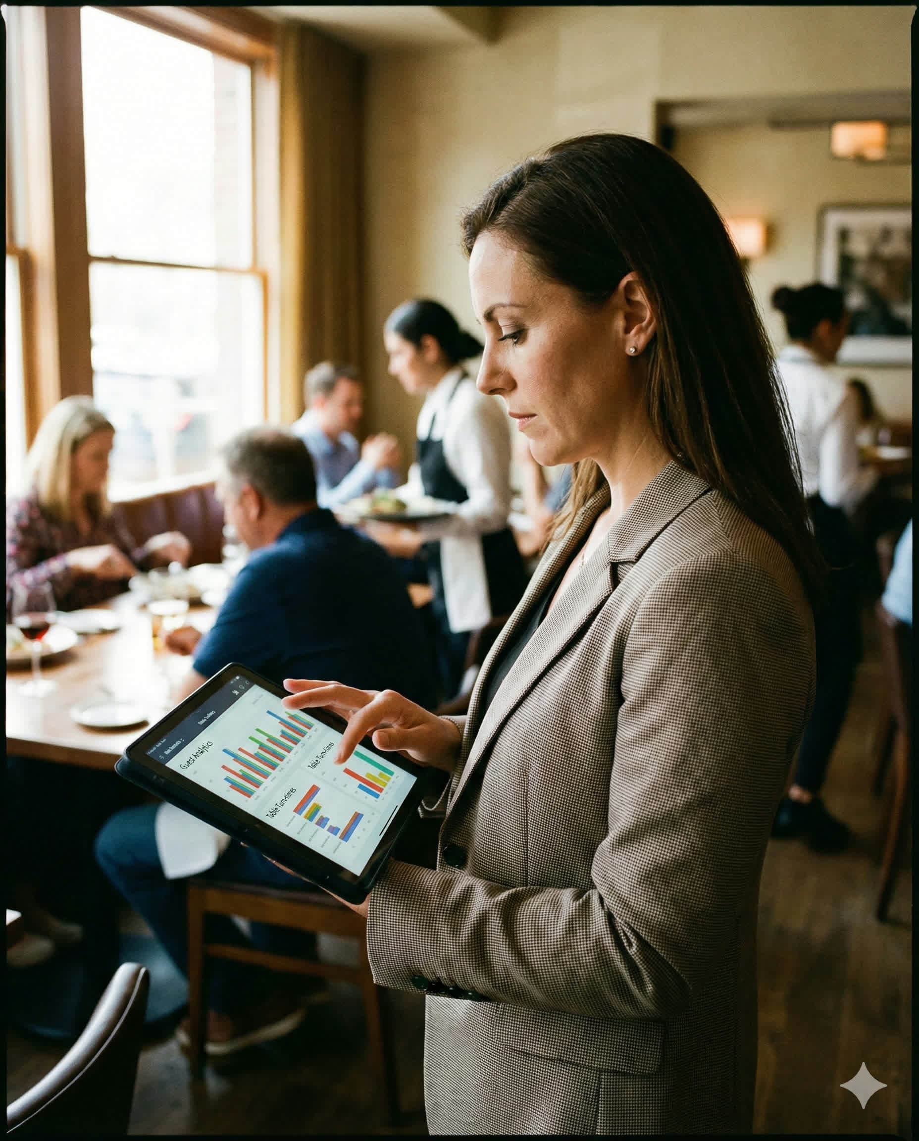 Consultant and chef reviewing restaurant performance data