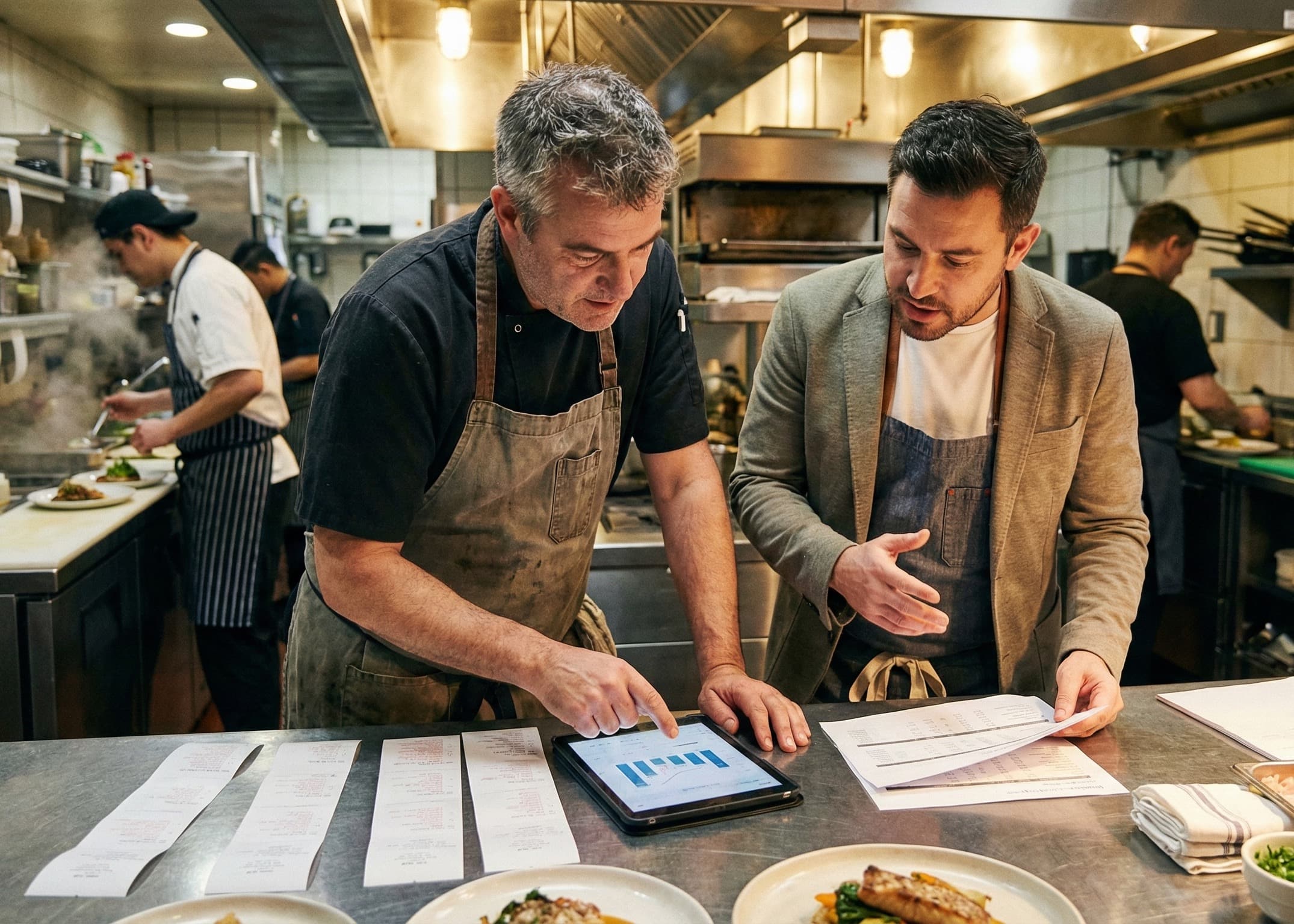 Restaurant team reviewing operations and data in kitchen
